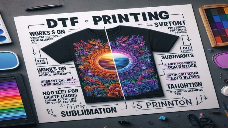 Comparison of DTF printing vs sublimation on a T-shirt with vibrant colors and detailed designs.
