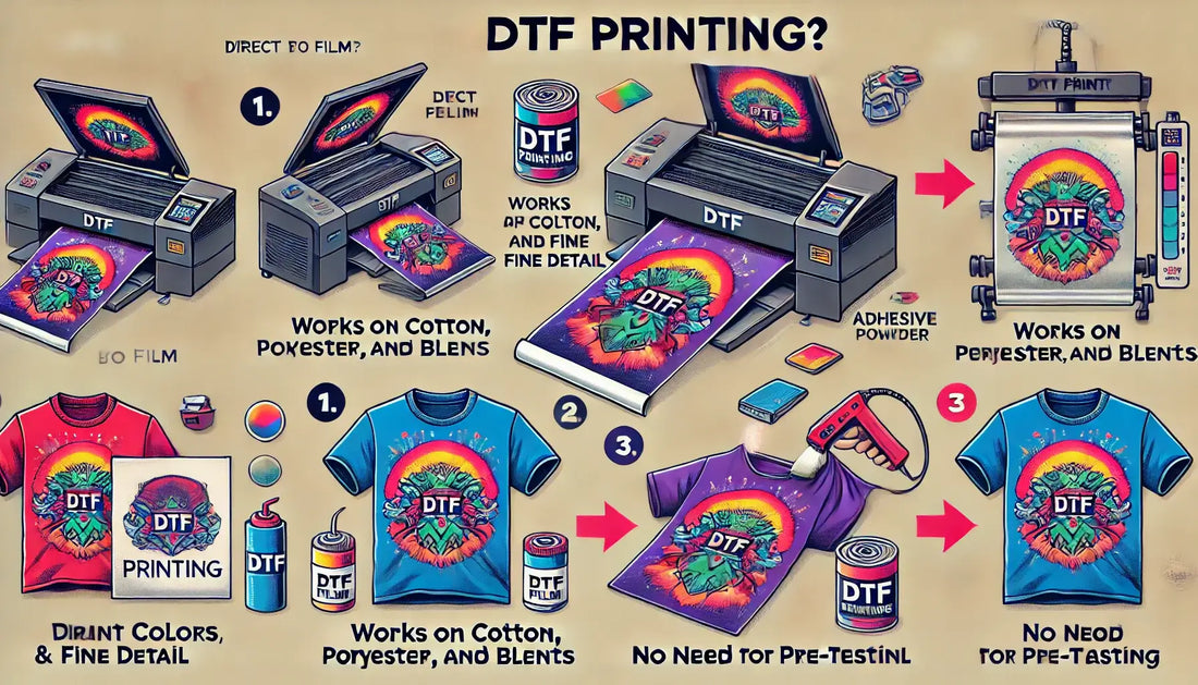 DTF printing process illustrated with vibrant designs on shirts, highlighting versatility on various fabrics and no pre-treating needed.