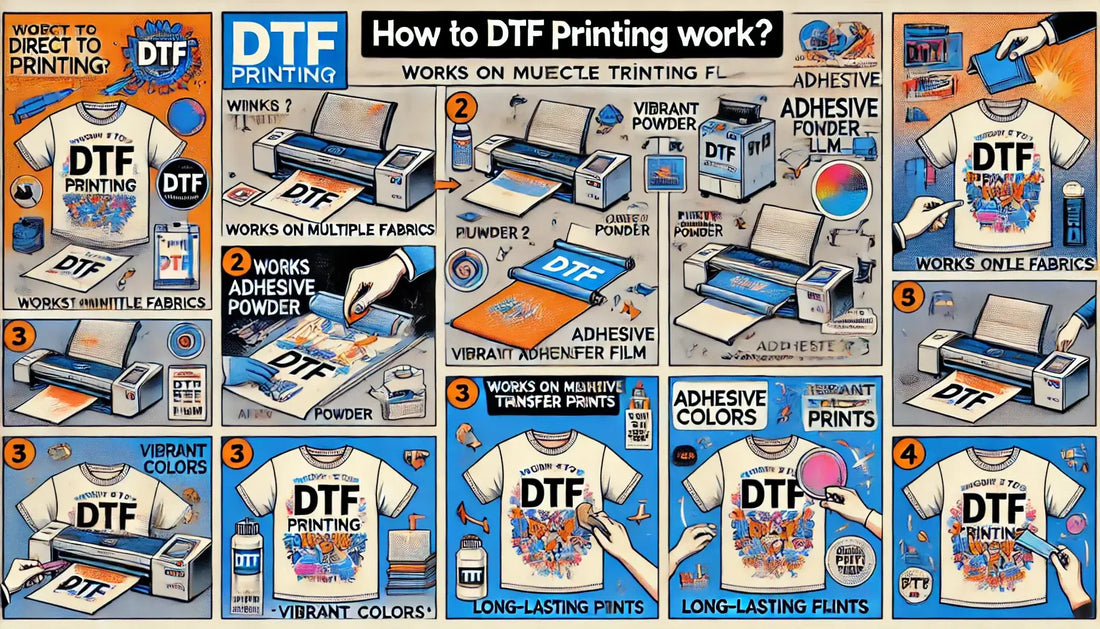 Illustrated overview of the DTF printing process, showcasing step-by-step instructions and equipment for vibrant fabric prints.
