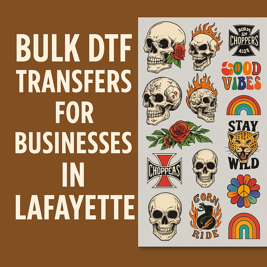 Bulk DTF transfers featuring vibrant graphics and designs for businesses in Lafayette, Louisiana.