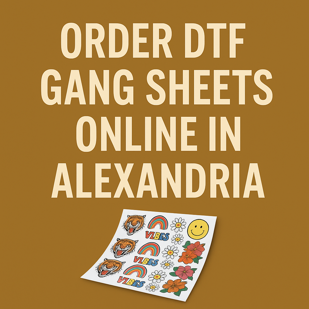 DTF gang sheets for online ordering in Alexandria, featuring colorful graphics and designs.