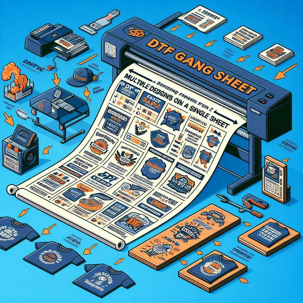 Illustration of a DTF gang sheet printer with multiple designs for custom printing in Pineville, Louisiana.