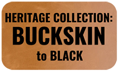 Load image into Gallery viewer, Brown leather patch with black text 'Heritage Collection: Buckskin to Black' on a brown background