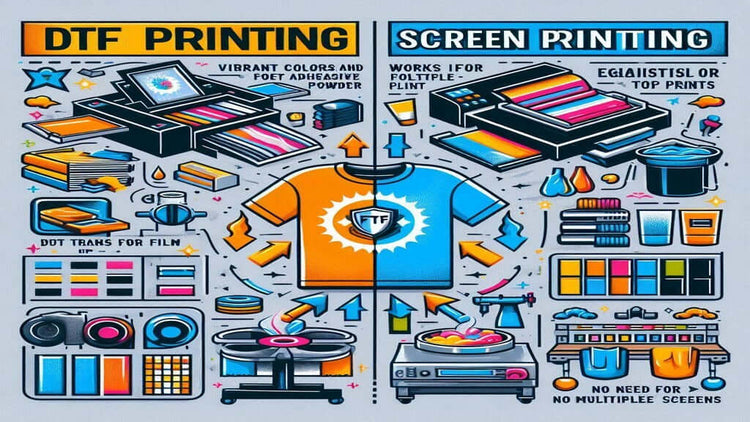 Comparison of DTF and screen printing methods with illustrated equipment and processes, highlighting vibrant colors and top prints.