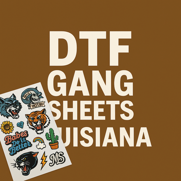 DTF gang sheets in Louisiana featuring vibrant custom stickers on a brown background.