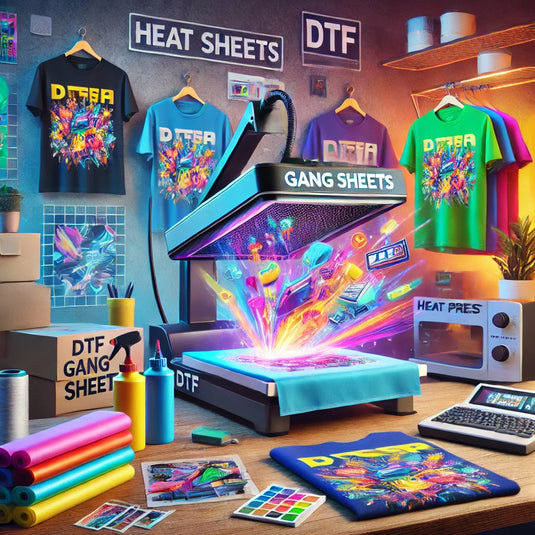 Colorful DTF gang sheets transfer setup with vibrant designs, heat press, and supplies on a creative workspace.