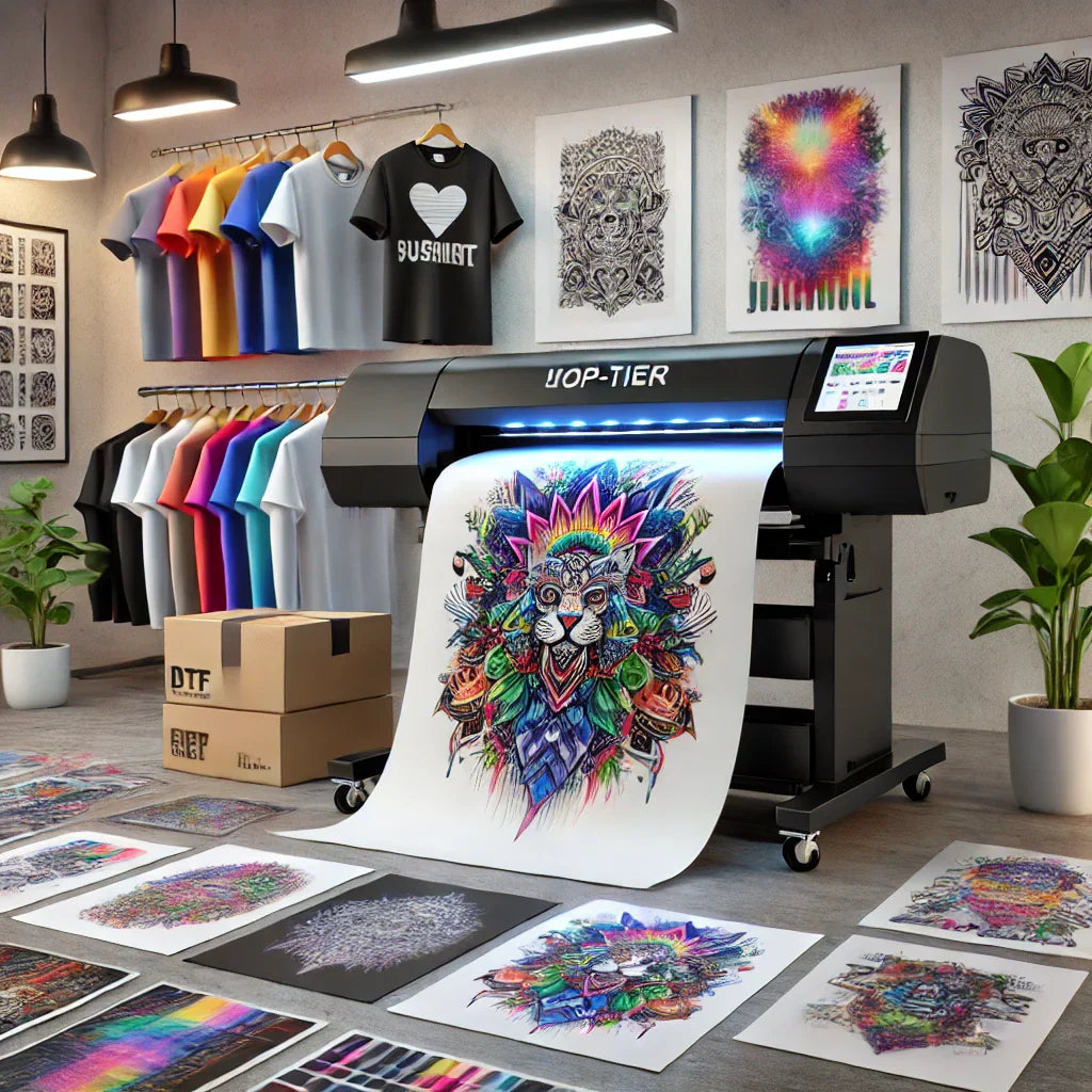 DTF printer producing vibrant designs in an apparel shop, showcasing custom prints and colorful T-shirts.
