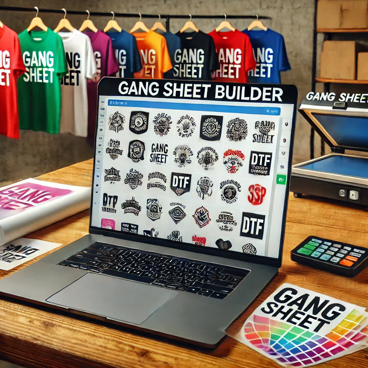 Laptop displaying a gang sheet builder for DTF transfers with colorful apparel in the background.