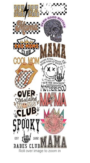 Collection of trendy DTF designs featuring various 'Mama' themes for custom apparel.