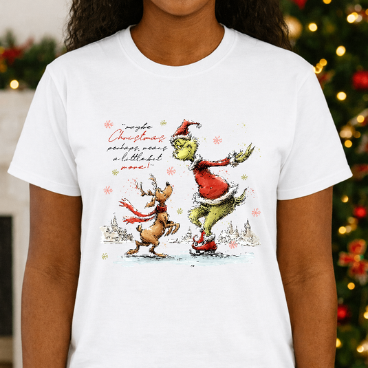 Green Character and Dog Ice Skating – Christmas Premade DTF Transfer
