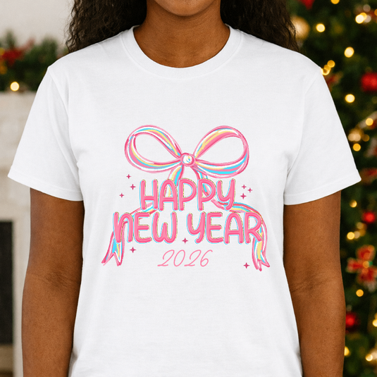 Happy New Year 2026 Pink Bow – New Years Premade DTF Transfer