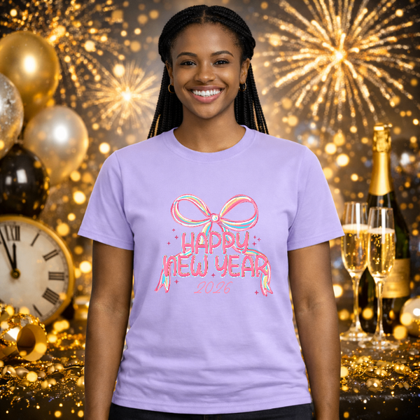 Happy New Year 2026 Pink Bow – New Years Premade DTF Transfer