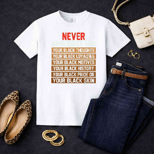 Never Apologize for Your Black Thoughts Black Loyalties Black Motives – Black History Month Premade DTF Transfer