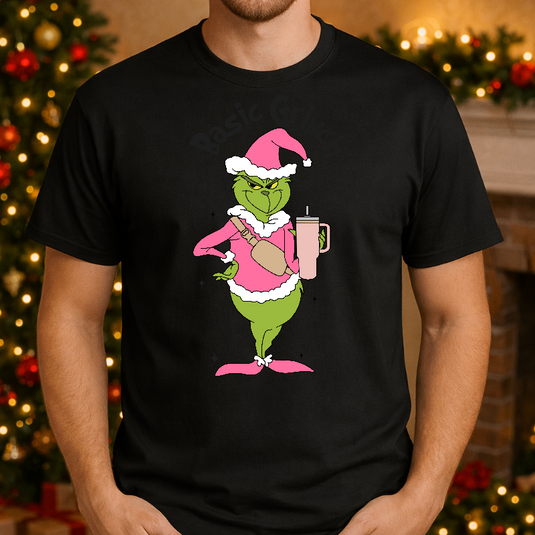 Pink Grinch Santa Outfit with Heart Christmas Premade DTF Transfer
