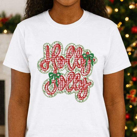 "HOLLY JOLLY" – Plaid Christmas Premade DTF Transfer