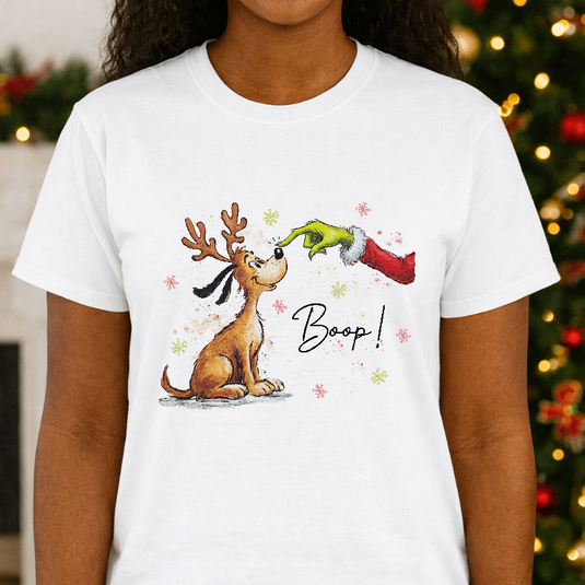 Grinch Hand Booping Dog – Christmas Premade DTF Transfer
