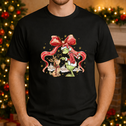 Whimsical Green Character & Dog Nose Boop – Christmas Premade DTF Transfer