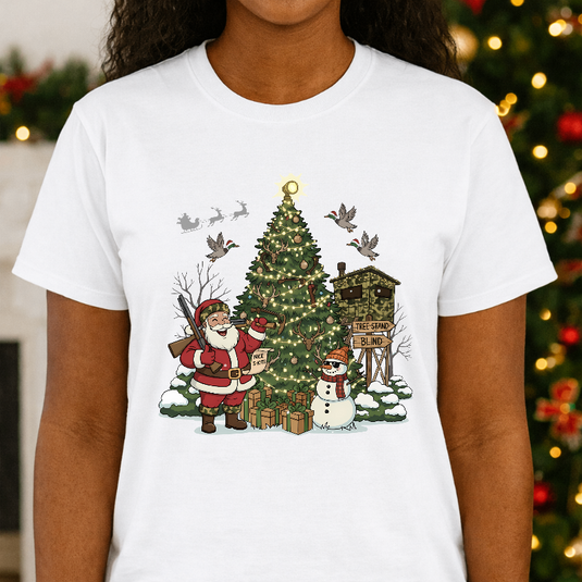 Santa with Shotgun, Deer & Christmas Tree – Hunting Christmas Premade DTF Transfer