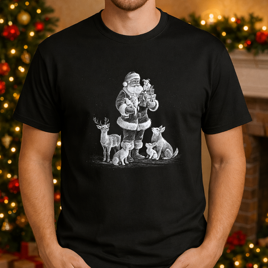 MERRY CHRISTMAS HAPPY HOLIDAYS – Halftone Santa Reindeer Pets Christmas Premade DTF Transfer