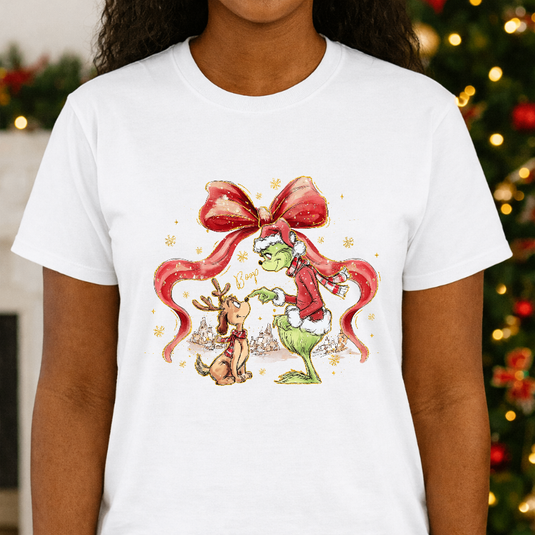 Whimsical Green Character & Dog Nose Boop – Christmas Premade DTF Transfer