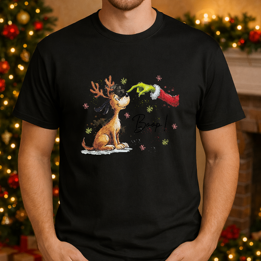 Grinch Hand Booping Dog – Christmas Premade DTF Transfer
