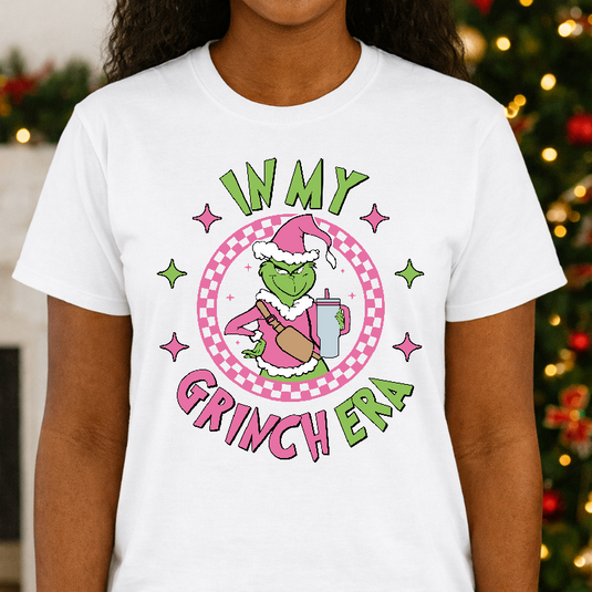 "In my Grinch Era" with Checkerboard Santa Hat – Christmas Premade DTF Transfer