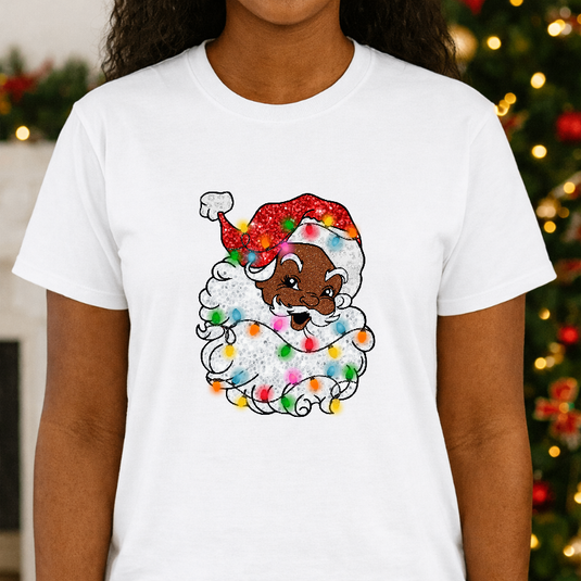Merry Christmas Black Santa with Lights – Christmas Premade DTF Transfer