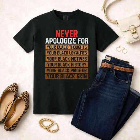 Never Apologize for Your Black Thoughts Black Loyalties Black Motives – Black History Month Premade DTF Transfer