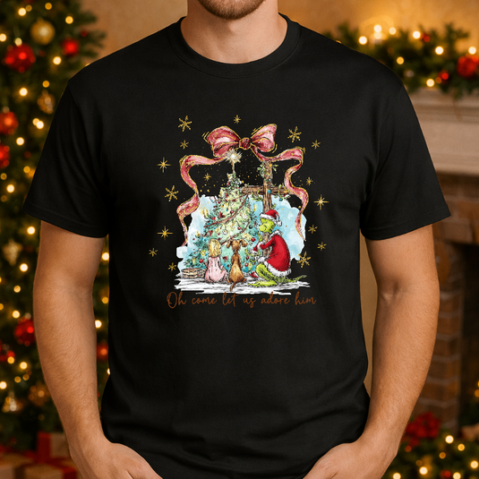 OH COME LET US ADORE HIM Green Character Santa Hat – Christmas Premade DTF Transfer