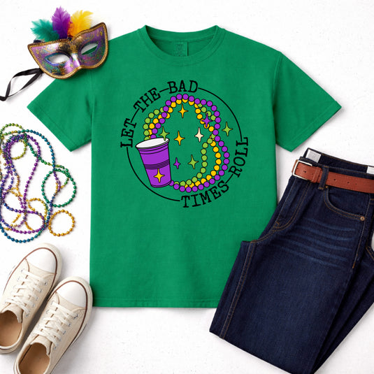 LET THE BAD TIMES ROLL Skull Maracas – Mardi Gras Premade DTF Transfer