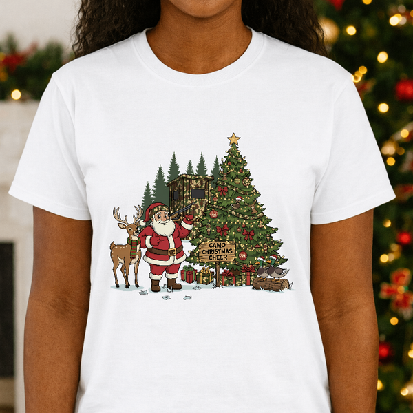 CHRISTMAS CHEER – Hunting Santa Deer Stand Camo Christmas Premade DTF Transfer
