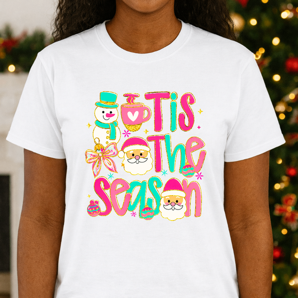 Tis The Season Pink Aqua Bow Lights – Christmas Premade DTF Transfer