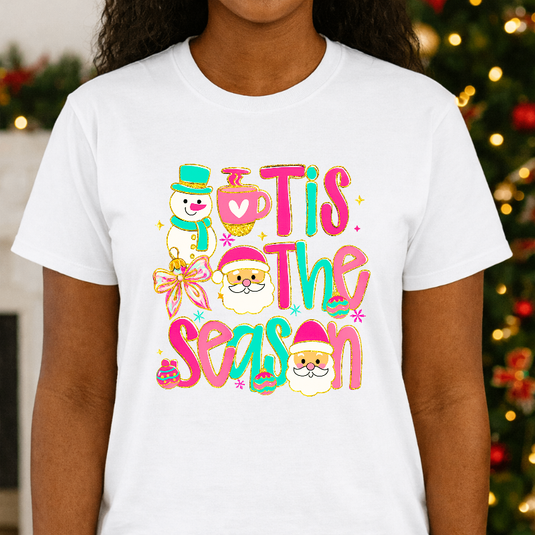 Tis The Season Pink Aqua Bow Lights – Christmas Premade DTF Transfer