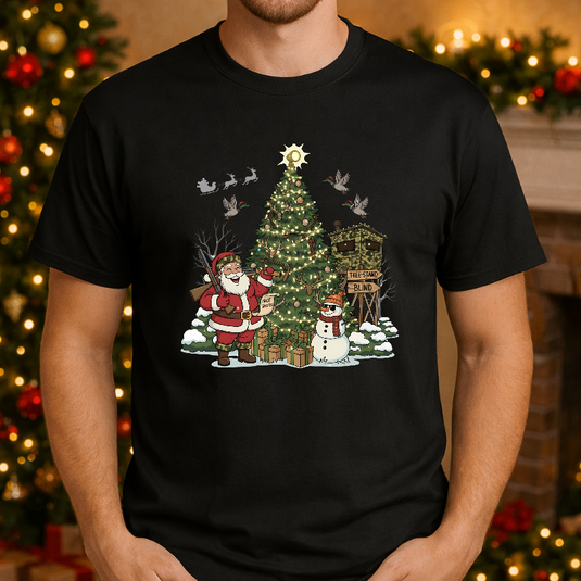Santa with Shotgun, Deer & Christmas Tree – Hunting Christmas Premade DTF Transfer