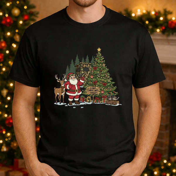 CHRISTMAS CHEER – Hunting Santa Deer Stand Camo Christmas Premade DTF Transfer