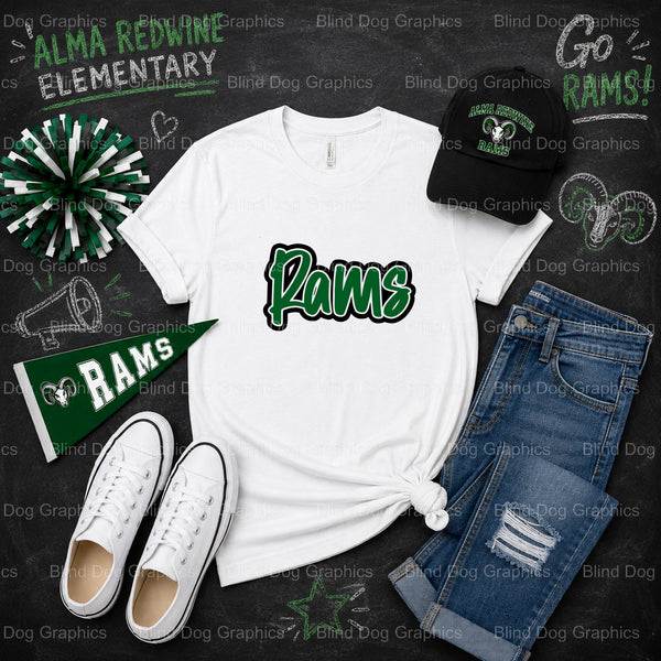 Alma Redwine Elementary RAMS School – Alma Redwine Elementary Premade DTF Transfer (view 1 of 2) – by Blind Dog Graphics –...