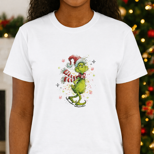 Grumpy Green Character Ice Skating – Christmas Premade DTF Transfer