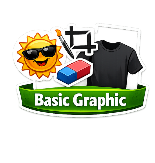 Illustration of a sun, paintbrush, eraser, and black t-shirt with 'Basic Graphic' text on a white background.