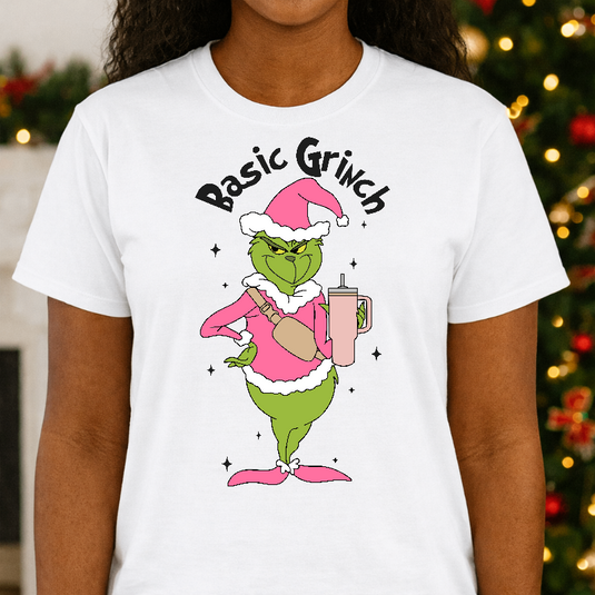 Pink Grinch Santa Outfit with Heart Christmas Premade DTF Transfer
