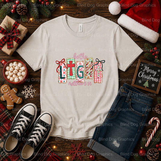 BE THE LIGHT MATT 5:14 – Christmas Premade DTF Transfer (view 2 of 2) – by Blind Dog Graphics – Premade Transfers – Christ...