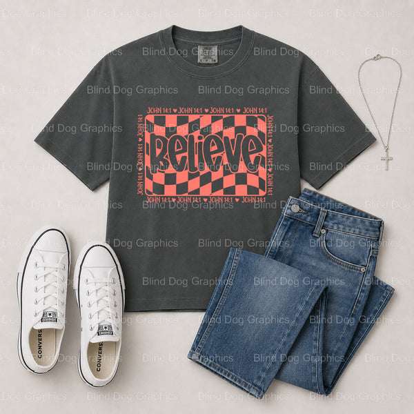 BELIEVE – Christian Premade DTF Transfer (view 2 of 2) – by Blind Dog Graphics – Premade Transfers – Christian, Faith