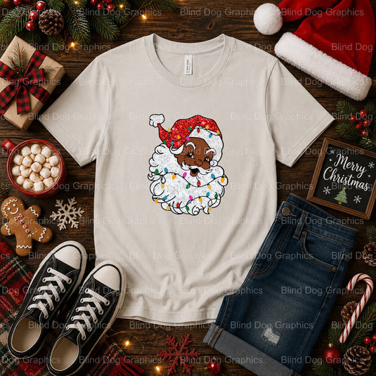 Black Santa with Lights – Christmas Premade DTF Transfer (view 1 of 2) – by Blind Dog Graphics – Premade Transfers – Chris...