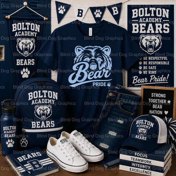 Bolton Bears Football with Bear Head Logo – Bolton High School Premade DTF Transfer (view 2 of 2) – by Blind Dog Graphics...