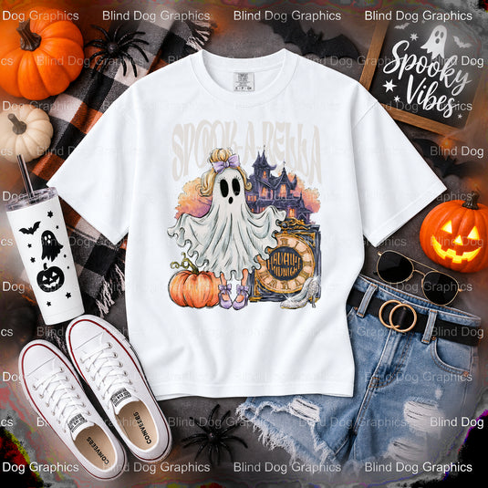 "BOO!" Ghost with Witch Hat – Halloween Premade DTF Transfer (view 1 of 2) – by Blind Dog Graphics – Premade Transfers – H...