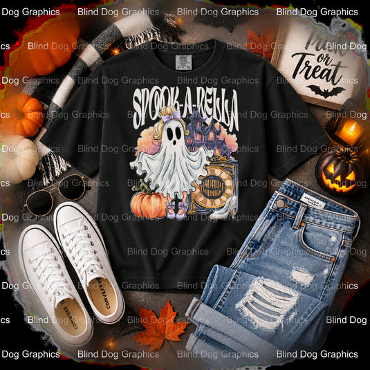 "BOO!" Ghost with Witch Hat – Halloween Premade DTF Transfer (view 2 of 2) – by Blind Dog Graphics – Premade Transfers – H...
