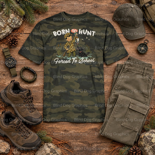 BORN TO HUNT BACK TO SCHOOL DUCK HUNTING KID LIGHT DISTRESSED - Hunting DTF Transfer (view 1 of 2) – by Blind Dog Graphics...