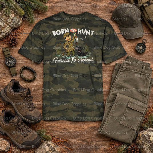 BORN TO HUNT BACK TO SCHOOL DUCK HUNTING KID LIGHT DISTRESSED - Hunting DTF Transfer (view 1 of 2) – by Blind Dog Graphics...