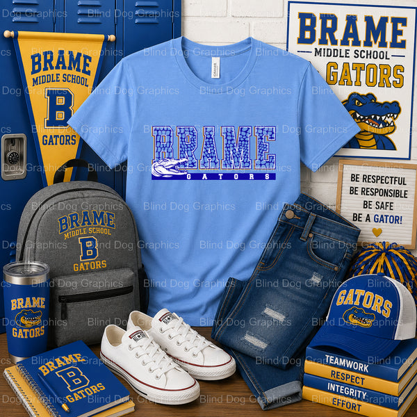 Brame Middle School Gators Spirit Logo – Brame Middle School Premade DTF Transfer (view 1 of 2) – by Blind Dog Graphics –...