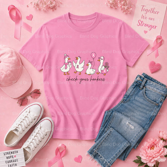Breast Cancer Check Your Honkers - Breast Cancer Awareness Premade DTF Transfer (view 3 of 3) – by Blind Dog Graphics – Pr...
