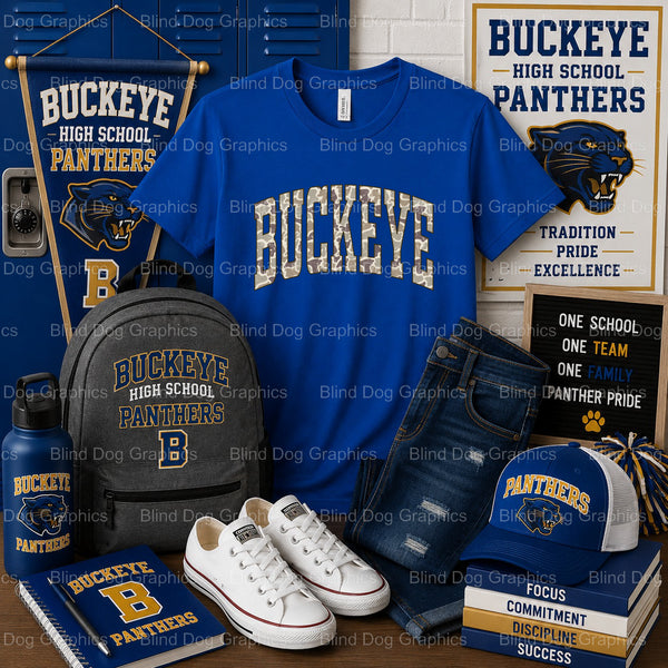 BUCKEYE – Buckeye High School Camo Text Premade DTF Transfer (view 1 of 2) – by Blind Dog Graphis – Premade Transfers – Bu...